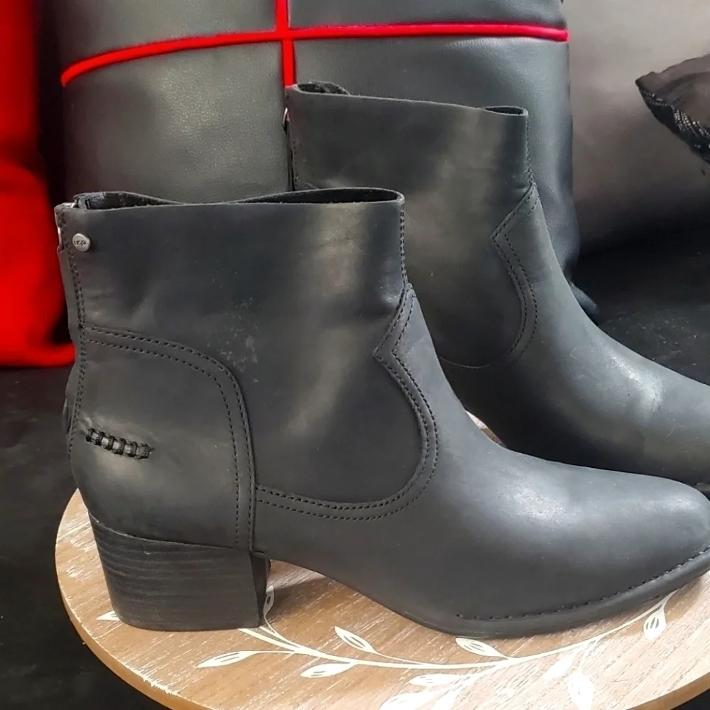 UGG Booties Black Leather Back Zipper Sustainable Comfort